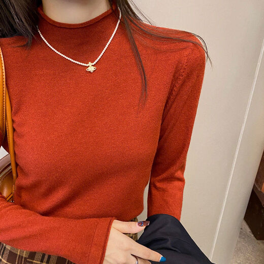 Red knitted half turtleneck bottoming shirt for women, autumn and winter inner wear 2024 new slim sweater, stylish long-sleeved top, brick red S S