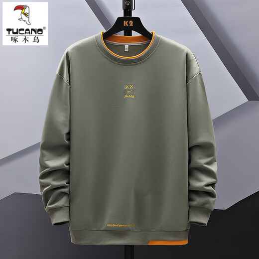 Woodpecker (TUCANO) Hoodless Large Size Sweatshirt Men's Spring and Autumn Vacation Two Pieces Fatty Large Size Men's Tops Plus Fat Long Sleeve T-Shirt FJA363-G85 Military Green XL Recommended 135-150Jin Jin is equal to 0.5 kg