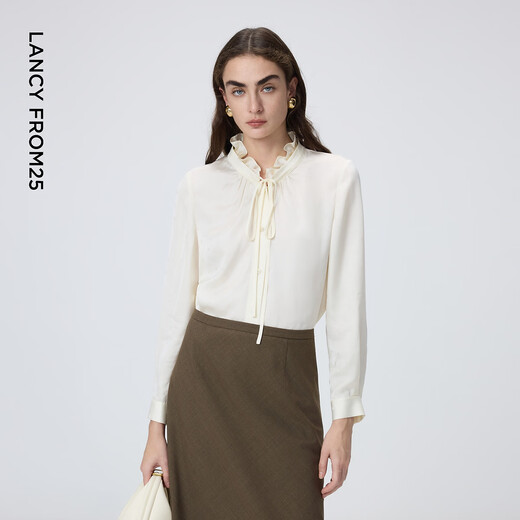 Langzi lace-up retro polka-dot shirt with earrings, elegant and gentle commuter style top for women, 2026 spring new style, off-white L