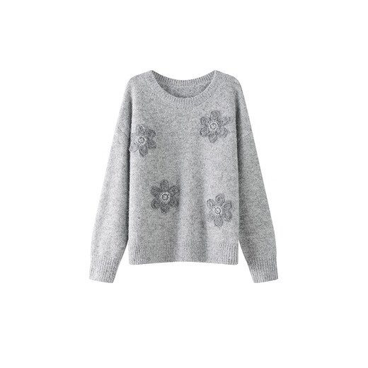 Faberza Brand Retro Handmade Flower Embroidered Sweater Women's Spring New Round Neck Loose Lazy Knitted Sweater Top Gray M (100-110Jin Jin equals 0.5kg)