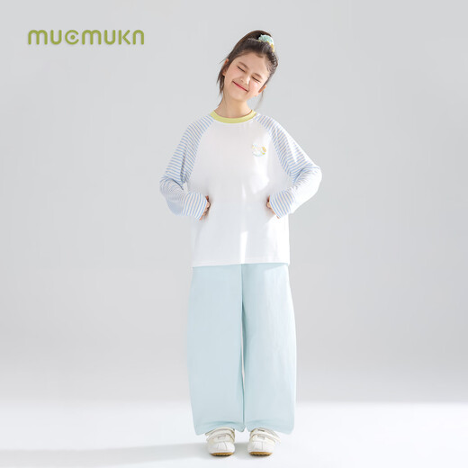 Mucmukn colorful Trojan 13 linen 48 lyocell 38 cotton pony embroidered striped T-shirt girls 26 spring blue and white strips 110 cm