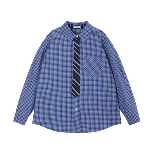 Mucmukn Muke college freshman blue plaid tie design layered shirt for boys and girls 26 spring new style blue plaid 160 cm