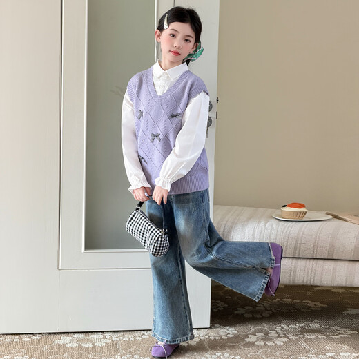 Girls spring fake two-piece tops 2026 new medium and large children's fashionable patchwork shirts children's fashionable children's clothing apricot 140