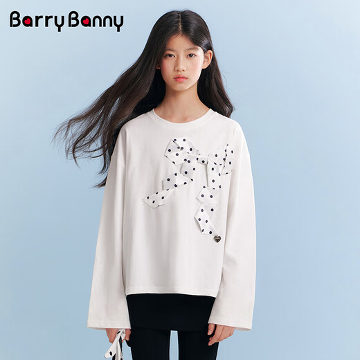 BARRY BANNY Girls' Bow T-shirt 2026 Spring Medium and Large Children's Pure Cotton Long-Sleeved Round Neck Casual Top Gardenia White 160