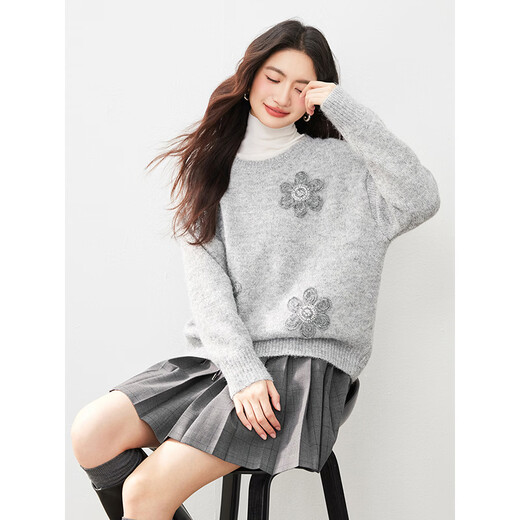 Faberza Brand Retro Handmade Flower Embroidered Sweater Women's Spring New Round Neck Loose Lazy Knitted Sweater Top Gray M (100-110Jin Jin equals 0.5kg)