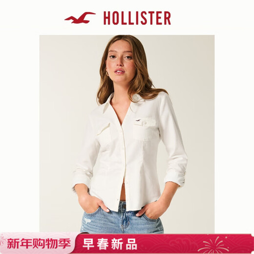 HOLLISTER American little seagull pattern classic Y2K slim waist V-neck shirt women's 340-5533 Cloud White XS (160/80A)