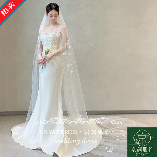 YWZR Xiaohongshu Satin Light Wedding Dress 2026 New Engagement Dress Mermaid Tube Top Door Veil Heavy Industry Dressing Dress Women's Fugitive Princess Bow Dress (Veil + Hand S