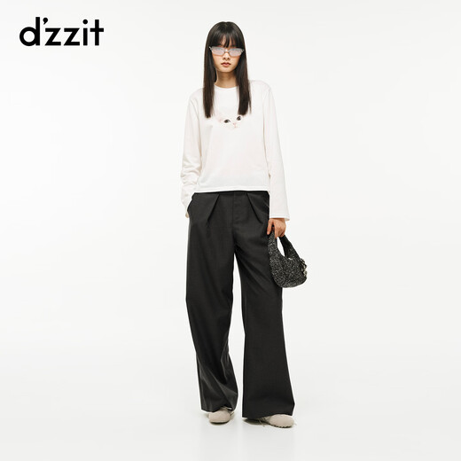 DZZIT long-sleeved T-shirt 2026 spring new simple style kitten print cotton shoulder top women 3K1BA241A white XS