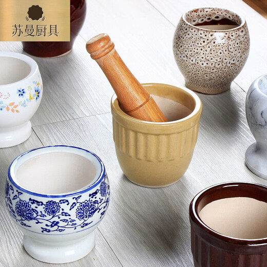 Tuojin earthenware coarse porcelain garlic mortar, household old-fashioned garlic press, traditional garlic jar, ceramic garlic jar, garlic jar, garlic jar, brown round mouth garlic mortar + wooden hammer