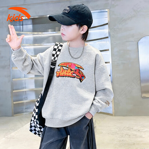 ANTA velvet children's sweatshirt, boys' sweatshirt, thickened youth red sweatshirt, autumn and winter warm sports top for girls, gray floral gray, velvet style 170