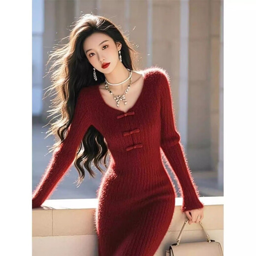 Rice New Year shirt-like skirt for women in winter light luxury high-end imitation wool new Chinese style red plush knitted dress red S