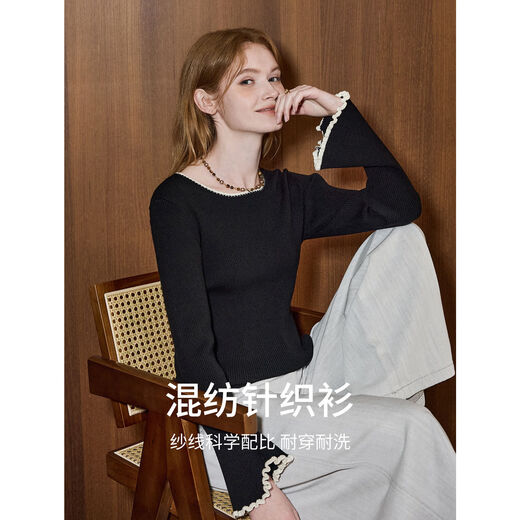 KUHNMARVIN French Retro Contrast Bell Sleeve Sweater Women's 2026 Early Spring New Right Shoulder Slim Sweater K32992 Black S