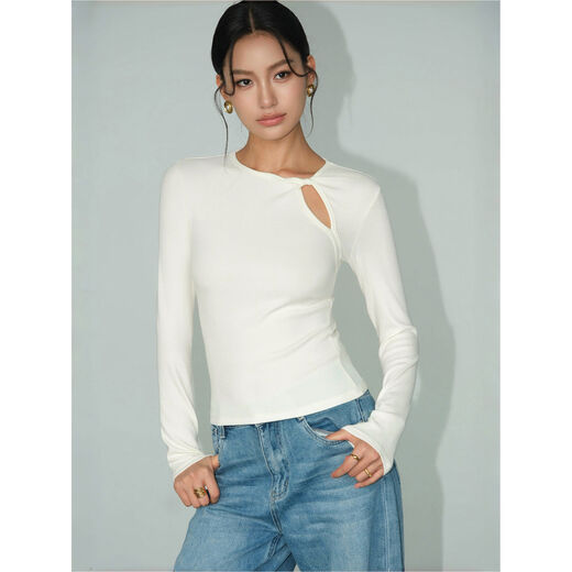 NEVAHU Hollow Design Slim-fitting Bottoming Shirt Women's Autumn Knitted Sweater Temperament Slim-fitting Long-sleeved T-shirt Top Milk White Ready Stock S S