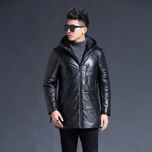 YISHION Winter New Haining Leather Clothes Men's Mid-Length Korean Style Slim Youth Hooded Leather Windbreaker Casual Jacket Black M
