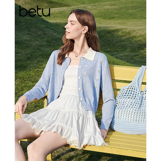 Betu women's 2026 spring new knitted cardigan lapel flower embroidery sweet age-reducing top 2602T89