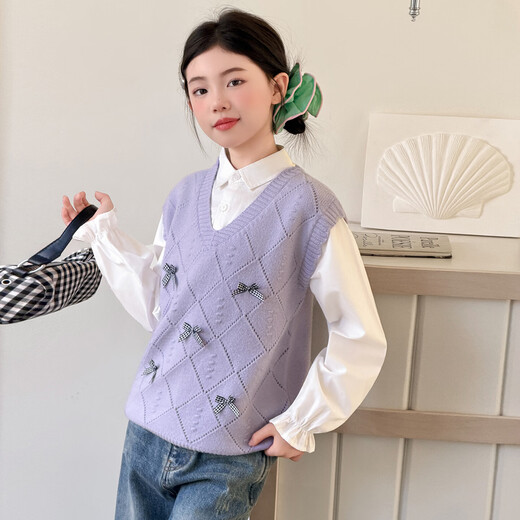 Girls spring fake two-piece tops 2026 new medium and large children's fashionable patchwork shirts children's fashionable children's clothing apricot 140