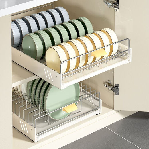 Fantasy kitchen storage rack multi-layer storage rack 304 stainless steel under sink retractable layered cabinet pull-out stainless steel + ins milk white guide rail pull-out bowl rack + dish rack