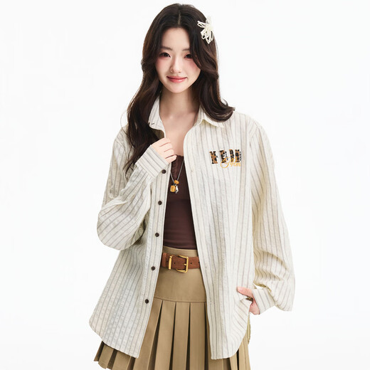 MEDM Leopard Print Leather Casual Lapel Shirt Trendy Brand Street Men's and Women's Loose Striped Cardigan Top Spring and Autumn Beige S