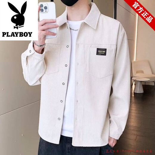Playboy Corduroy Jacket Men's Spring and Autumn Shirt Long Sleeve Men's Youth Cardigan Loose Casual All-match Shirt Clothes Men's Dark Gray M