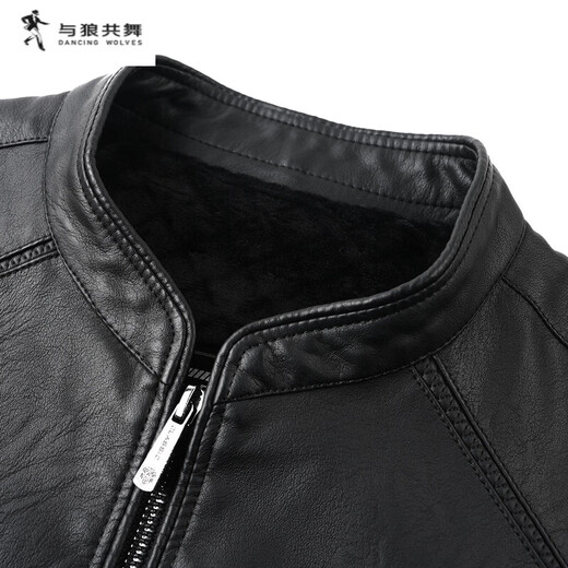 DANCING WOLVES PU Leather Jacket Men's 2026 Spring and Autumn Short Leather Jacket Casual Slim Thick Temperament Handsome Jacket Black L 175