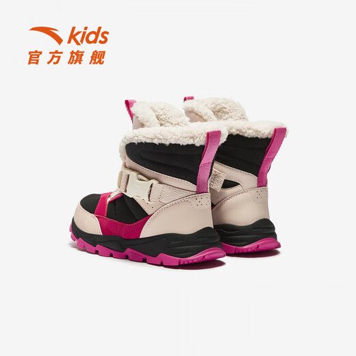 ANTA Children's Synthetic Leather Shoes Girls' Shoes 2025 Winter New Product Leather Surface Water Repellent Plus Velvet Warm Snow Boots Black/Fan Pink-3 29