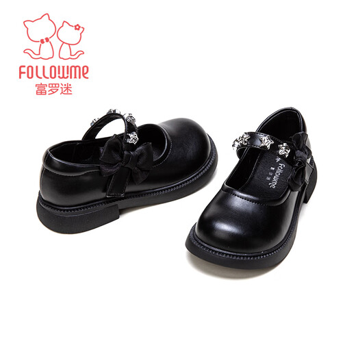 Fuluo Mi Girls Leather Shoes Spring New Fashion Versatile Princess Shoes Little Girls Soft Sole Anti-Slip Square Mouth Single Shoes Black 31