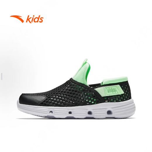 ANTA children's sandals, one-on-one, for boys and older children, new summer mesh, breathable, youth sports non-slip river shoes, black/bright green 33 (foot length 205mm)