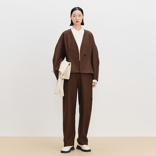 AUM Easy Suit 2025 Spring New Lamb Leg Sleeve Waist Tweed Short Jacket Wide Leg Pants Brown Jacket M