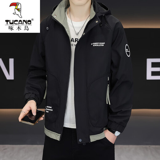 Woodpecker (TUCANO) hooded fashionable jacket men's spring printed jacket 2026 new style handsome and versatile thin coat black 3XL 110---130