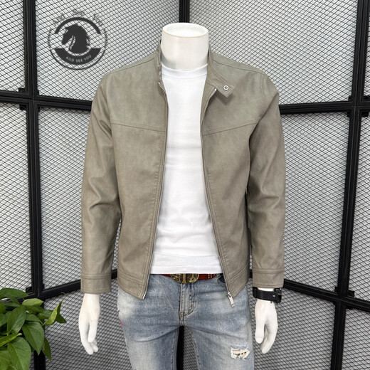 ANDSEEYOU brand men's leather jacket 2026 spring new trendy fashion stand-up collar top versatile casual PU leather jacket gray green L