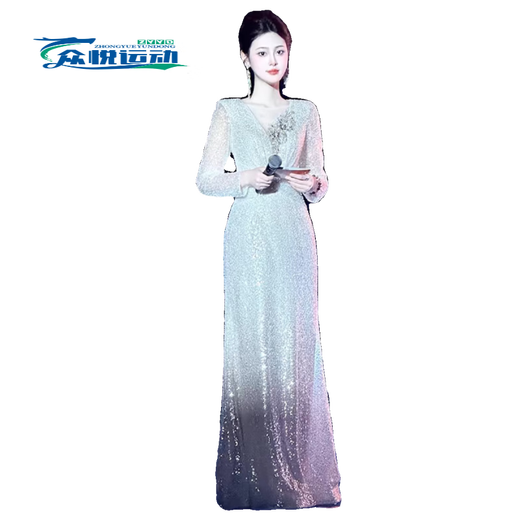 ZKHE high-end banquet host evening dress, female sense, light luxury, niche atmosphere, art exam performance costume, sequined annual meeting, silver white M