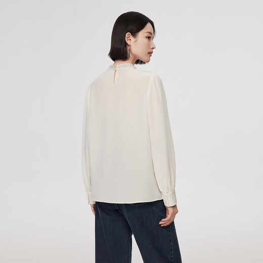 VGRASS26 Spring New 18MM Crepe de Chine Silk Temperament Small Stand-up Collar Partially Spliced Lace Small Top Xiangyun White S
