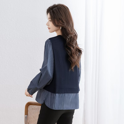 Sibaishe Contrast Color Striped Splicing Shirt Women's 2026 Spring New Style Fashion Round Neck Loose Casual Shirt