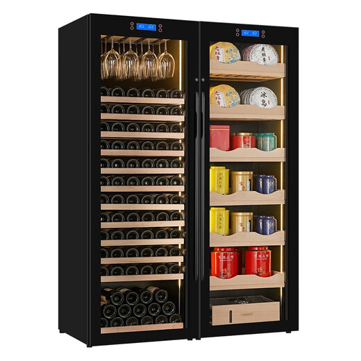 Qike red wine cigar cabinet constant temperature and humidity double door double temperature white wine refrigeration and humidification box combination cabinet large capacity commercial tea cabinet tea and wine combination cabinet C red wine hanging cup + Pu'er green tea 1.8 meters high