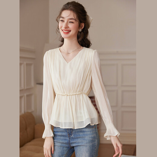 Bailuyu temperament V-neck waist shirt 26 spring new style gentle French ruffle top for women apricot L