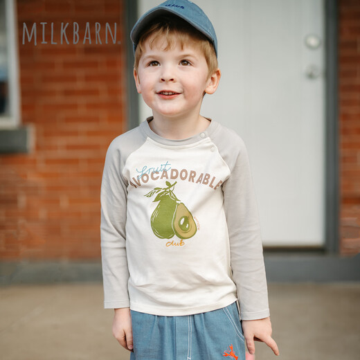 Milkbarn 2026 spring and summer new children's raglan long-sleeved T-shirt boys and girls baby round neck printed cotton top Avocado Pictorial 90