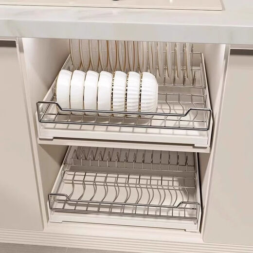 Fantasy kitchen storage rack multi-layer storage rack 304 stainless steel under sink retractable layered cabinet pull-out stainless steel + ins milk white guide rail pull-out bowl rack + dish rack