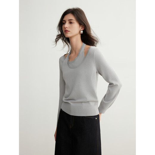 ELLE French design halterneck sweater for women 2026 spring new high-end commuter casual soft waxy sweater, light gray S