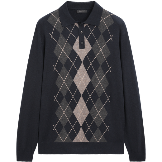 Massimo Dutti new season special 2026 men's classic retro diamond pattern high-end Polo collar long-sleeved sweater 01190218 Navy Blue M (180/96A)