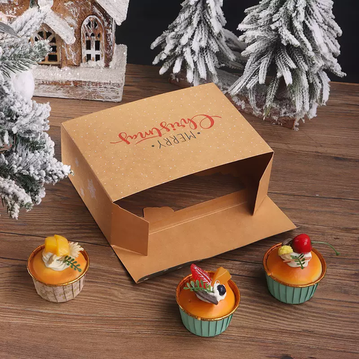 Yusenyi Christmas donut dessert packaging box cup cake box window transparent mousse dessert packaging box egg tart box kraft paper Santa Claus snowman 10 pieces