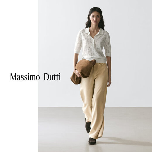 Massimo Dutti spring and summer new product 2026 women's simple hollow POLO collar sweater 05613542 off-white XS (165/84A)