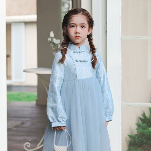 Huatian Cai's new Chinese style girls' autumn dress spring and autumn girls' jacquard mesh skirt medium and large children's fashionable autumn princess dress