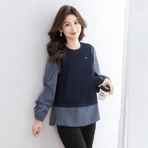 Sibaishe Contrast Color Striped Splicing Shirt Women's 2026 Spring New Style Fashion Round Neck Loose Casual Shirt