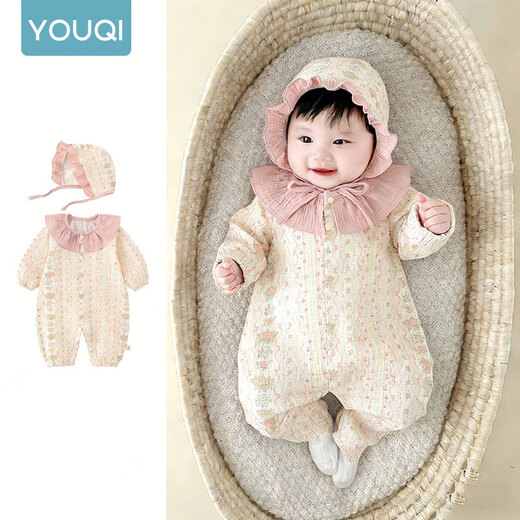 Youqi baby clothes, spring long-sleeved jumpsuit, pure cotton type A gauze, Korean-style Western-style rompers, baby girl spring and autumn robe, pink collar, flower mist + matching hat 80cm