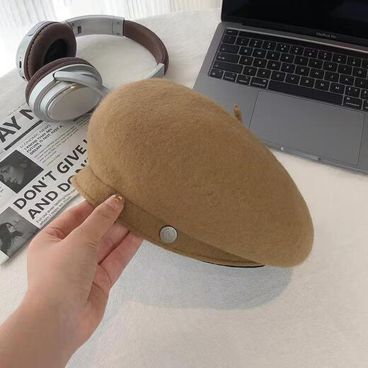 Rongyuege beret women's autumn and winter three-dimensional shape large head circumference woolen temperament high-end Korean style octagonal forward painter hat off-white one size (55-58CM)