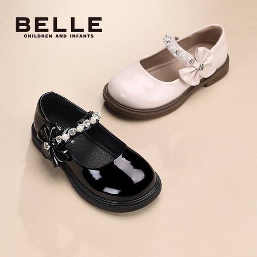 Belle Children's Shoes Girls Mary Jane Shoes Spring New Girls Princess Shoes Children's Fashion Single Shoes Medium and Large Children's Leather Shoes Rhinestone Black 28 Suitable for Feet Length Approximately 17.3-17.9cm