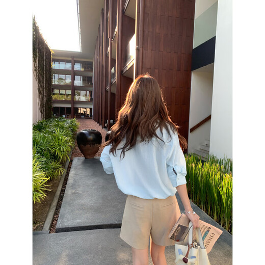 Pusumede Wuyu white and blue casual striped shirt slightly see-through loose temperament long-sleeved shirt apricot bottom white stripes S