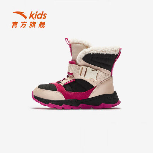 ANTA Children's Synthetic Leather Shoes Girls' Shoes 2025 Winter New Product Leather Surface Water Repellent Plus Velvet Warm Snow Boots Black/Fan Pink-3 29