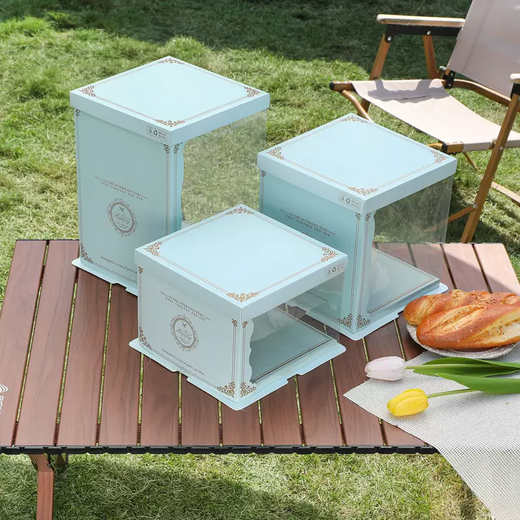 Yusenyi translucent birthday cake box 6 inches, 8 inches, 10 inches, single and double layers, heightened side-opening window square baking bag, translucent blue-blue gold edge bottom (5 sets), 12 inches, double layers 34x34x26cm