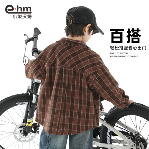 Little Elephant Ham children's clothing boys' long-sleeved shirt children's plaid shirt spring jacket spring new fashion style black plaid 130 cm